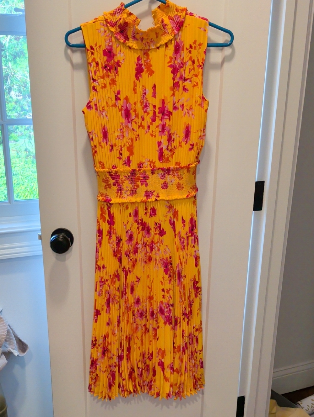 Nanette Lepore Yellow Pleated Floral Midi Dress with Pink Print